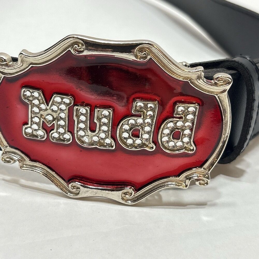 Vtg MUDD Rhinestone Spellout Belt Black Leather Red Enamel Big Statement Buckle - Picture 3 of 5